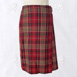 Kathy Ireland VTG Red Burgundy Gingham Plaid Scottish Kilt Wrap Midi Skirt 8 / M